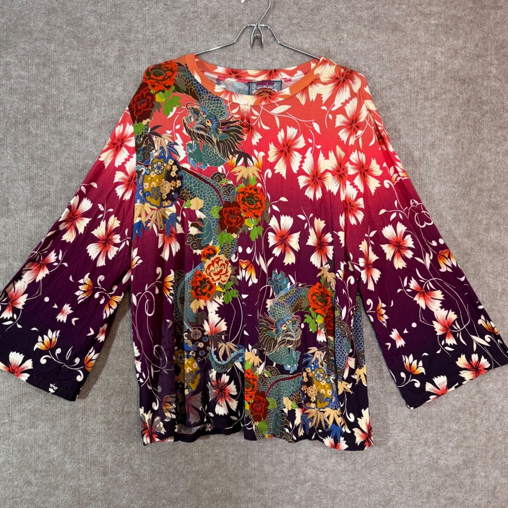 Johnny Was Dragon Top Women XXL Floral Bird Print Rayon 3/4 Sleeve Boho